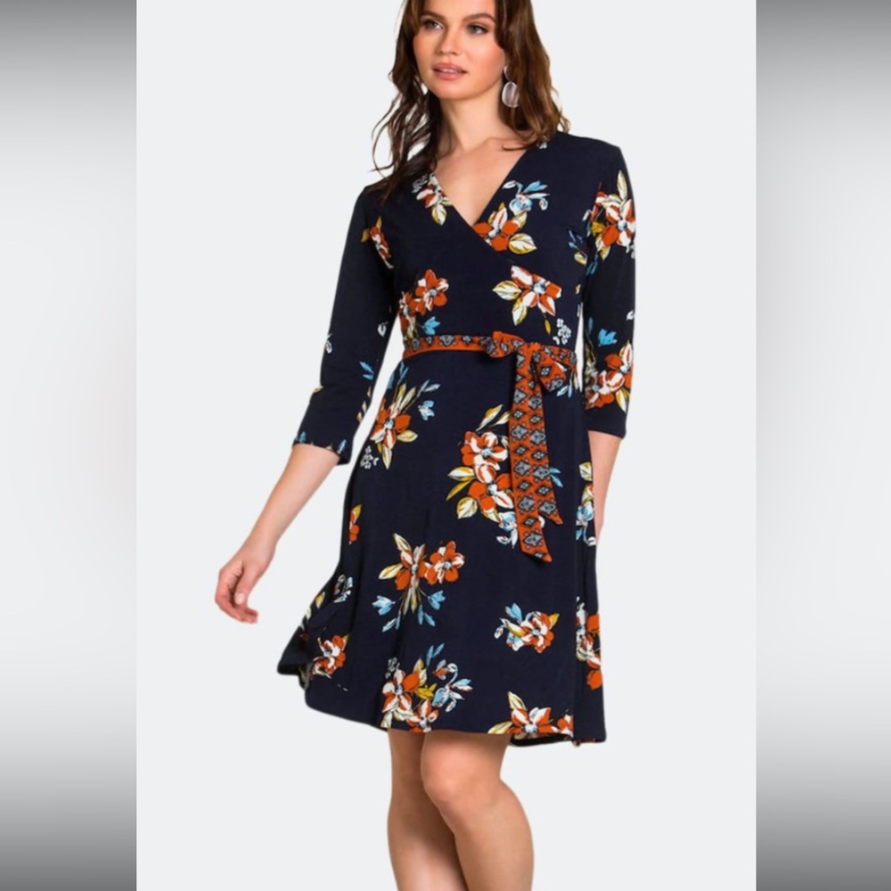 LEOTA WOMEN Perfect Wrap DRESS Size M Color Dark Blue White Blue Orange great